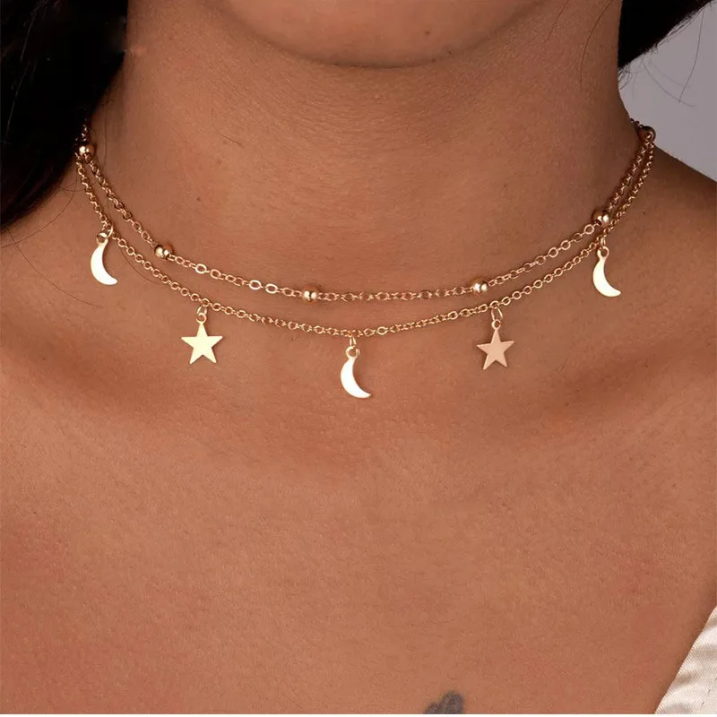 

Double Layer Gold Silver Color Chain Chokers Short Necklaces For Women Classic Fashion Stars Moon Pendant Necklace jewelry kolye