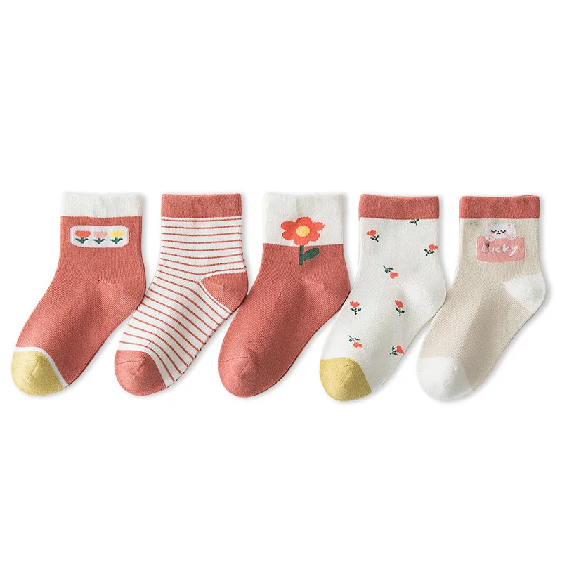 Calcetines transpirables con letras de dibujos animados para beb&eacute;, ni&ntilde;o y ni&ntilde;a de 1 a 9 a&ntilde;os, de algod&oacute;n suave, 5 par/lote-5