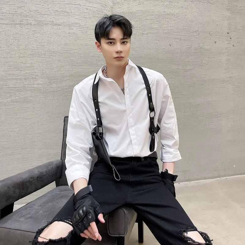 

Male Japan Harajuku Korean Style Loose Shirt for Man Clothing Men's Shoulder Strap Leather Vest with Long Sleeve Casual Shirts