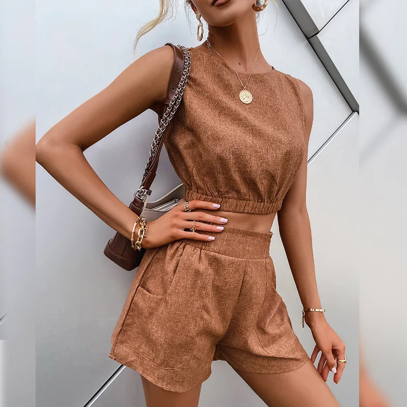 

Комплект из двух предметов, женский укороченный топ и шорты, модный однотонный топ, облегающий костюм для бега, женский летний костюм