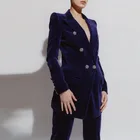 Женский бархатный костюм с блейзером и брюками, подиумный Дизайнерский Костюм в стиле HIGH STREET с двубортным пуговицами и стразами, Осень-зима 2022