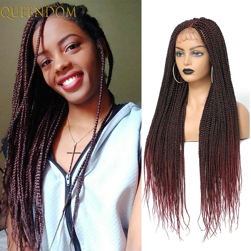 30   Long Box Braided Lace Front Wig Wine Red Box Braids Wigs for Black Women Synthetic Ombre Brown Lace Wigs with Baby Hair Bug