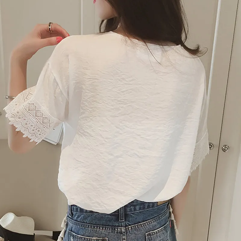 

1pc Women Summer Chiffon Blouse Lace Hollow Out V-neck Short Sleeves Loose Tops NYZ Shop