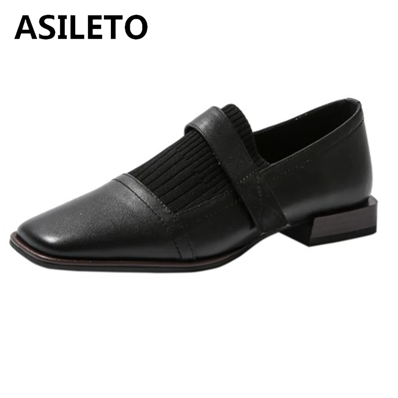 

ASILETO 2021 Genuine Leather Ladies Flats Patchwork Lofers Hook Loop Square Toe 2cm Heels Size 34-42 Brown Black Apricot A4316