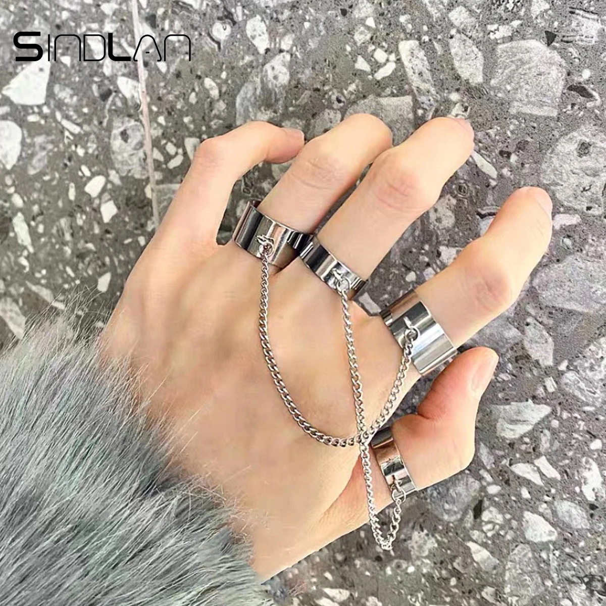 

Sindlan 4Pcs Punk Silver Color Chain Rings for Women Simple Geometric Set Stranger Things Couple EMO ZA Fashion Jewelry Anillos