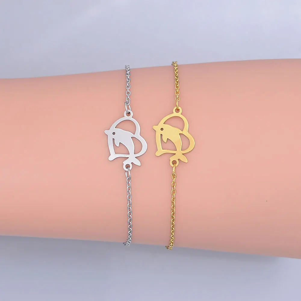 100% изящный браслет из нержавеющей стали в форме сердца с дельфином для женщин