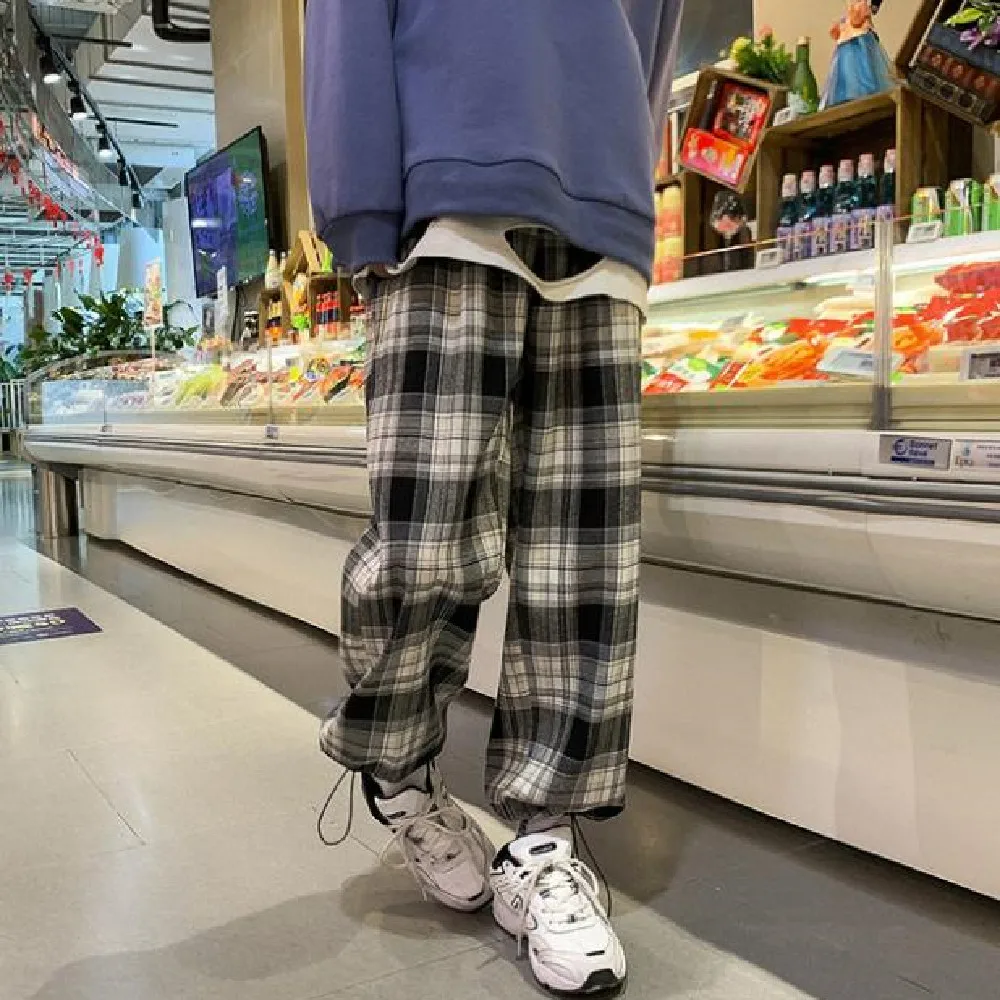 

2021 New spring autumn Korean version trend loose straight pants matching plaid ankle-length pants fashion casual plaid pants