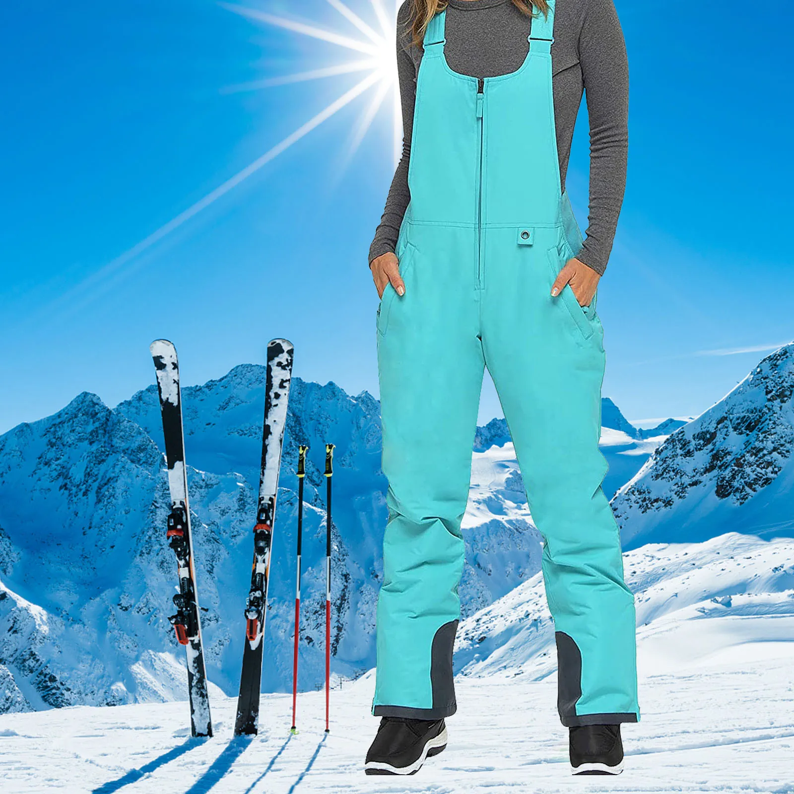 

Women's Snow Bib Veneer Double Board Windproof Waterproof And Warmth Thickened Ski Pants Pocket One-Piece Suspenders Trousers