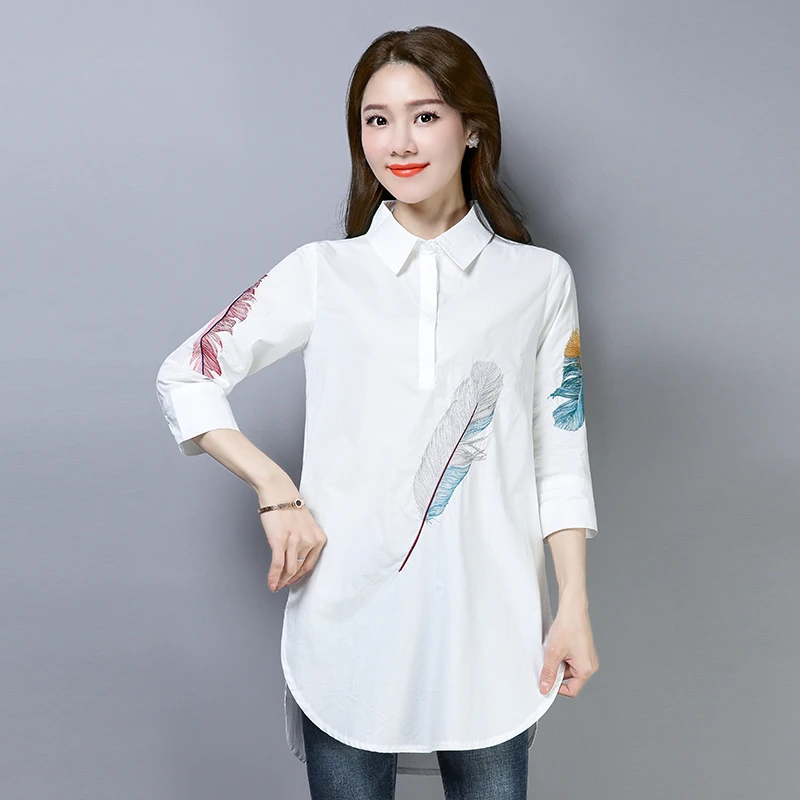 

LUKAXSIKAX 2021 New Spring Autumn Women Three Quarter Sleeve Long Blouse High Quality Feather Embroidery Cotton Shirt