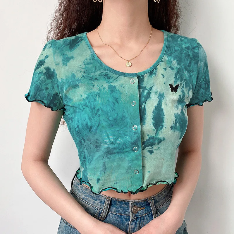 

New 2020 Summer Vintage O-Neck Butterfly Embroidery Tie Dye Crop Tops Women Sexy Single Breasted Bodycon Party Fashion T-shirts