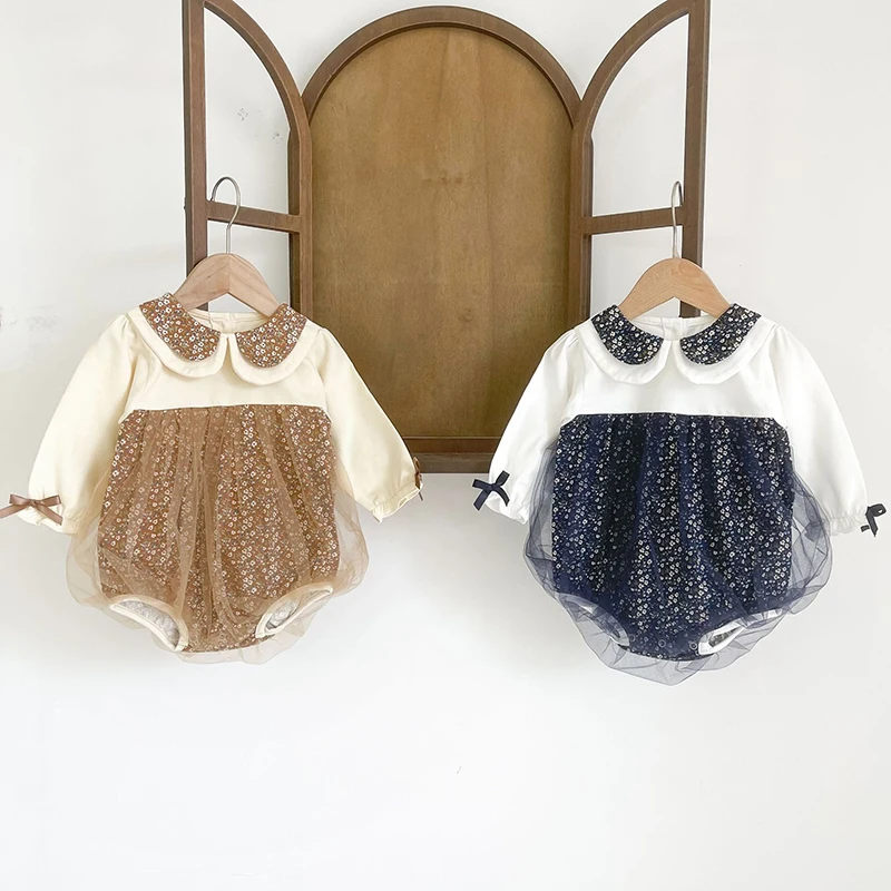 

Newborn Baby Jumpsuit Korean Style Spring Autumn Baby Girls Clothes Flower Printing Mesh Splicing Toddler Baby Girl Romper