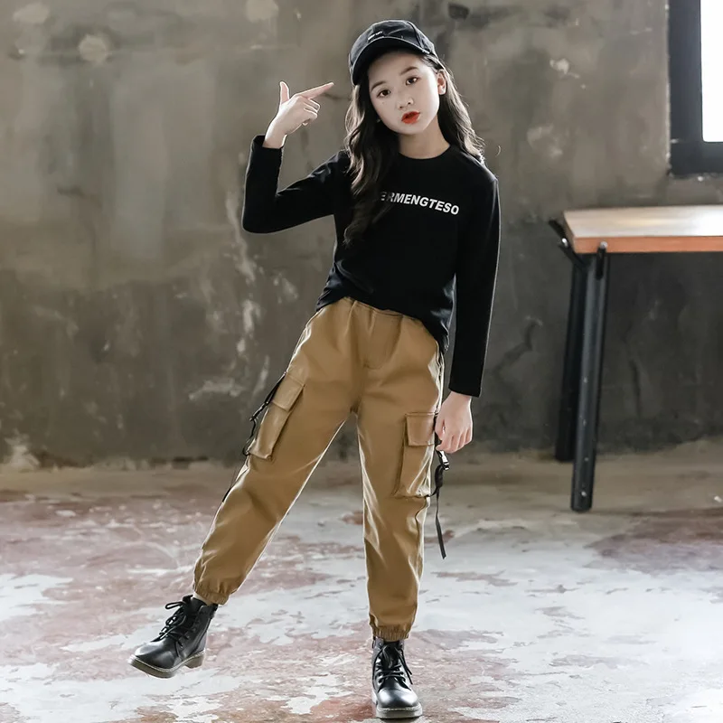 Осенний Новый Детский костюм для девочек футболка с буквенным принтом + штаны из