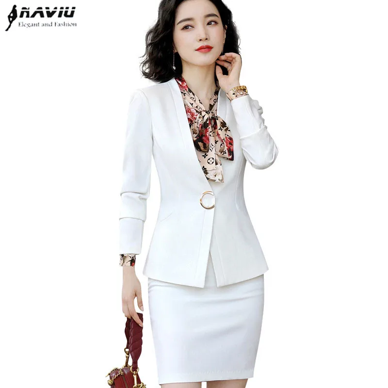 Женский деловой костюм черный белый пиджак с длинным рукавом и юбка офисная