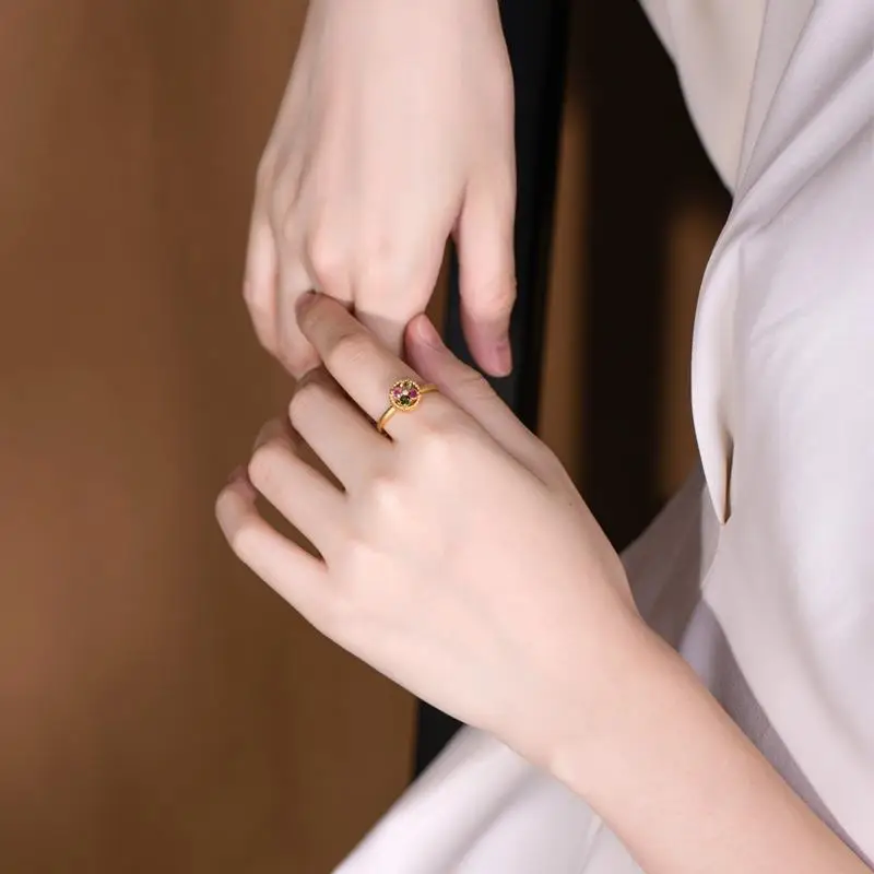 

S925 Sterling Silver Gold-Plated Natural Tourmaline Retro Personalized Flower Ring Opening Rotatable Ring Ring Ornament Women's