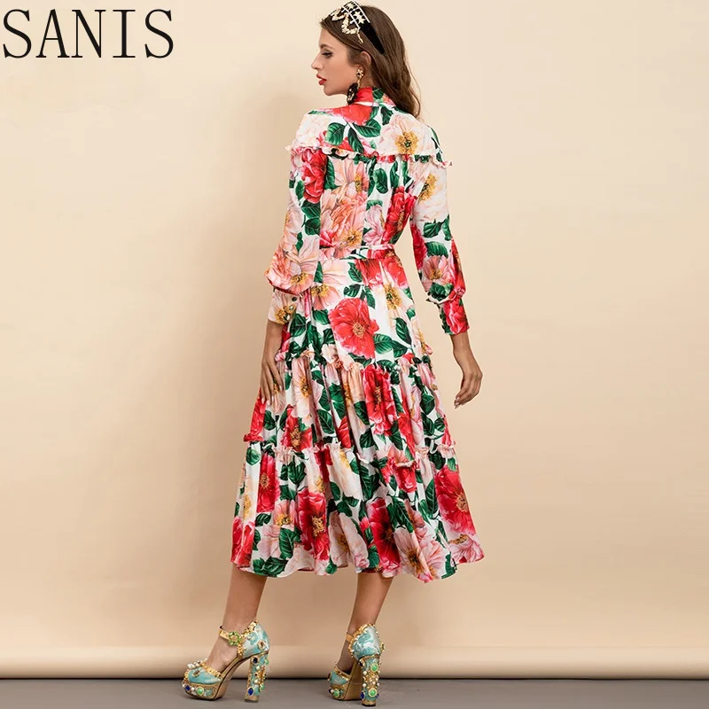 

Sanis New 2021 Fashion Designer Summer Vacation Dress Women's Long sleeve Bow Lace up Flower Print Vintage Midi Dress