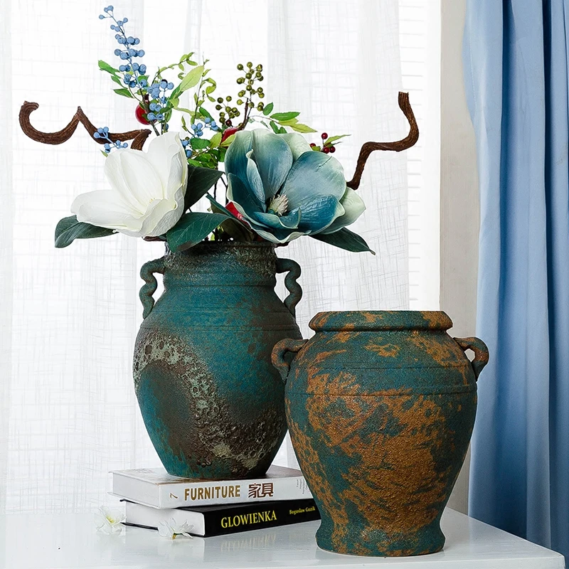 

American coarse ceramic dried flower vase retro home living room decoration flower arrangement ornaments pottery pot largeflower