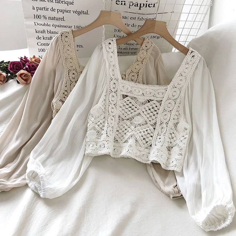 

Женская укороченная блузка с вышивкой, Элегантная модная Милая однотонная короткая рубашка с квадратным воротником и пышными рукавами, вес...