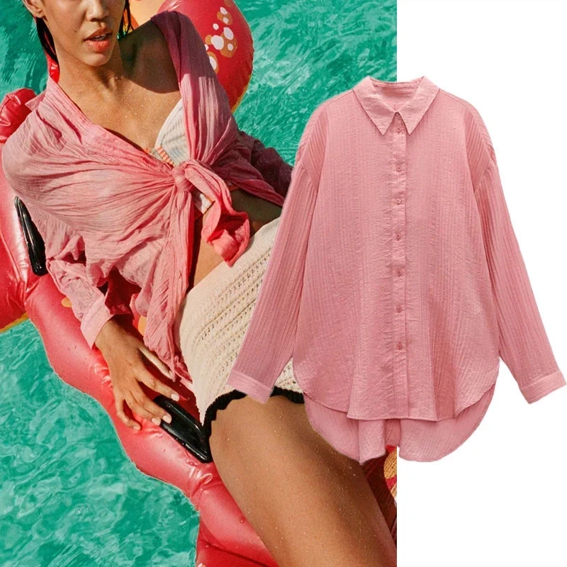 

ZA 2021 Асимметричная рубашка с завязками для женщин с длинным рукавом летние розовые модные боковые вентиляционные отверстия на пуговицах же...