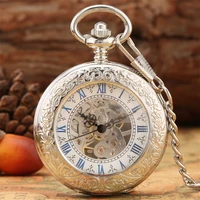 mechanical hand winding pocket watch blue roman numerals display transparent cover antique silver fob pendant pocket clock