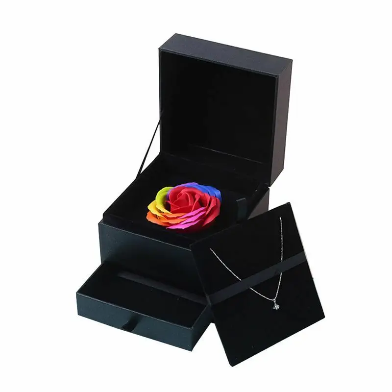 

Valentines Gift Beautiful Simulation Roses Trinket Box Soap Flower with Box Square Black Jewlery Box