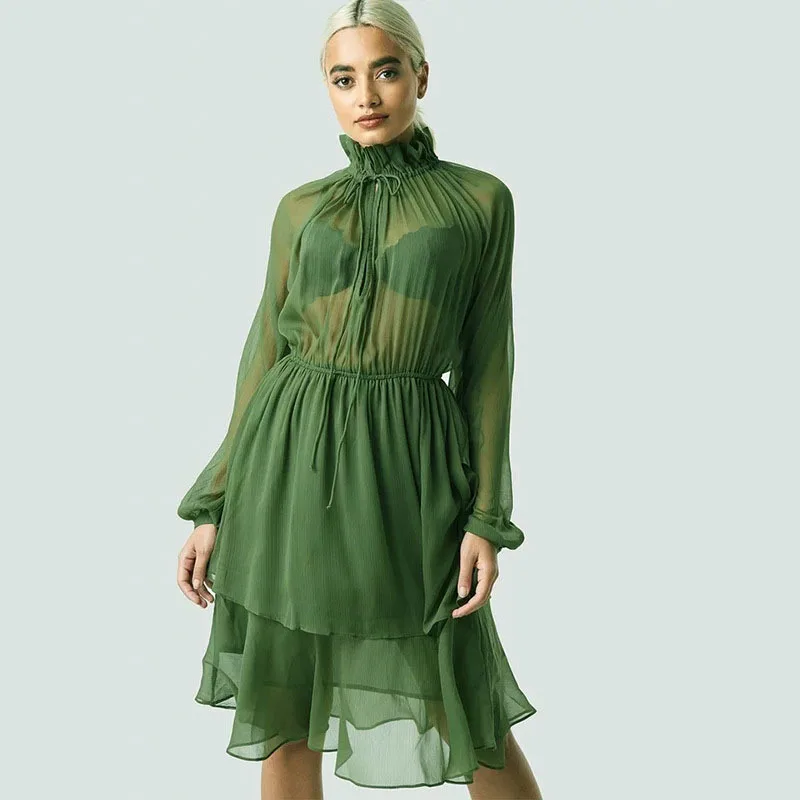 

Elegant Ruffled Stand Neck See-Through Autumn Gauze Dress Women Cascading Reffles Retro Party Dress Lantern Sleeve Elastic Waist
