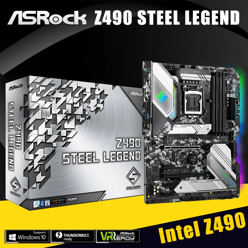 Verkauf ASRock Z490 Stahl Legende ATXIntel Z490 10th Generation Core/Pentium/Celeron DDR4 M.2 SATA III 6 ×USB 3,1 128GB LGA 1200 Motherboar
