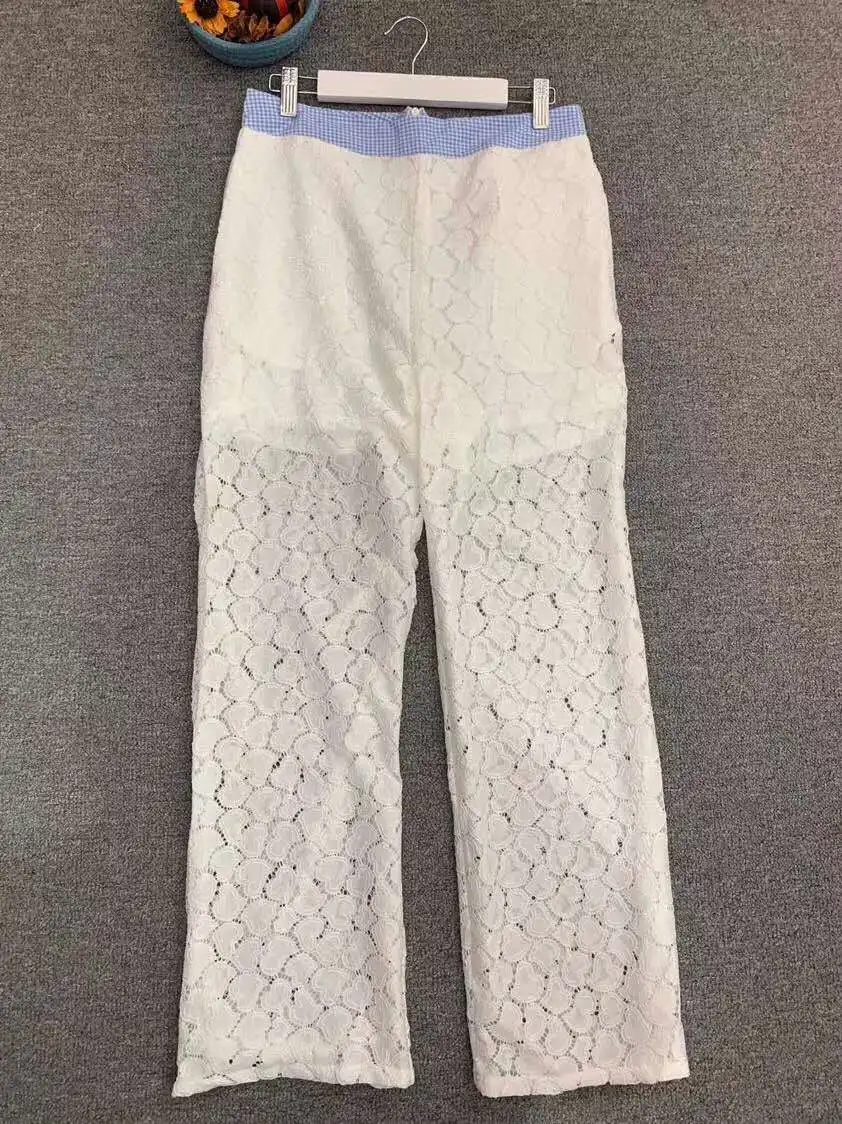

Lace Pant Sets 2020 Autumn Designer Clothing Suits Woman Geometric Print Patchwork Long Sleeve Lace Tops+Sexy Lace Trousers Set