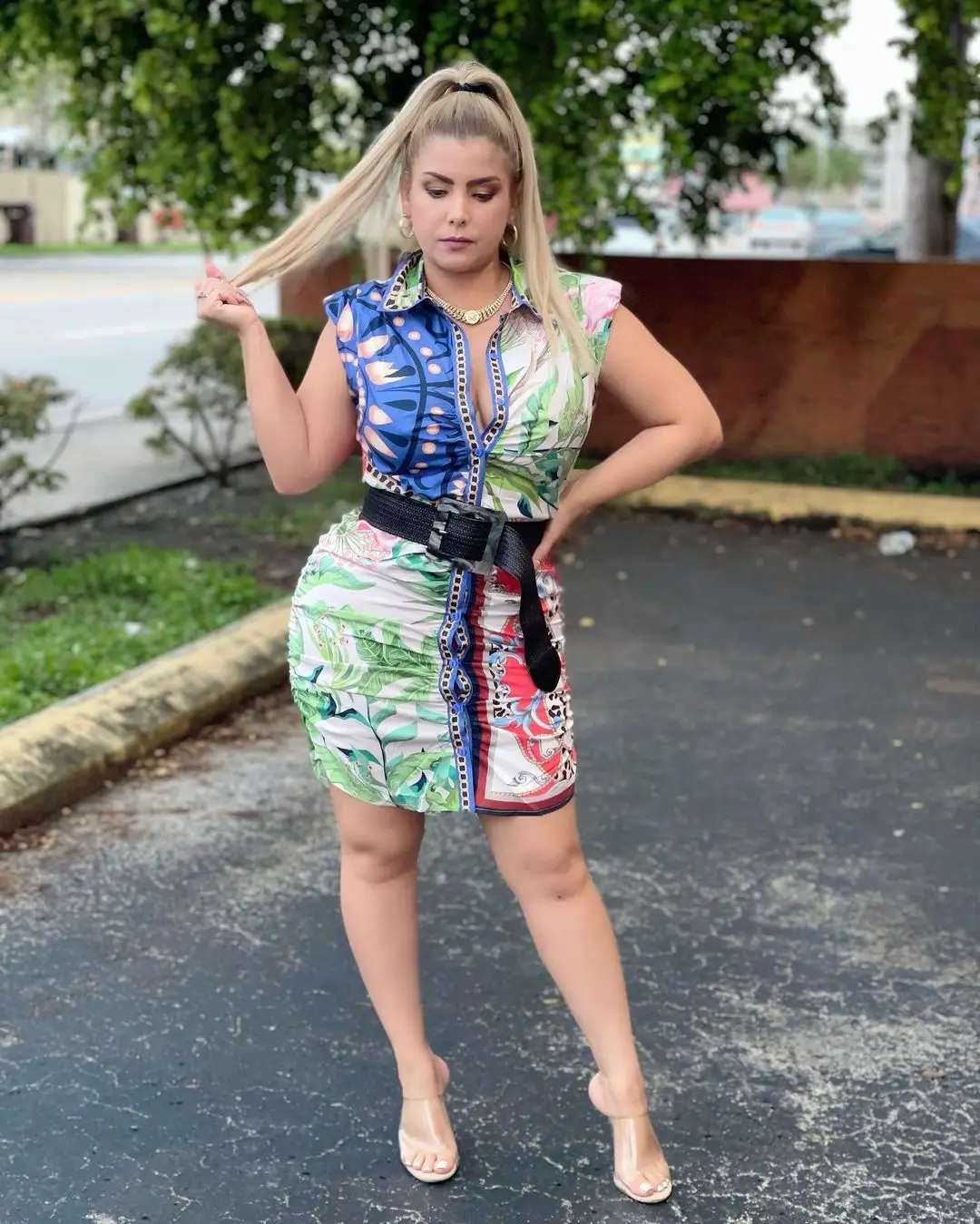 

Ladies Fashion Streetwear 2021 Summer Mini Dress Printed Sleeveless Lapel Single Breasted Straight Slim Dress