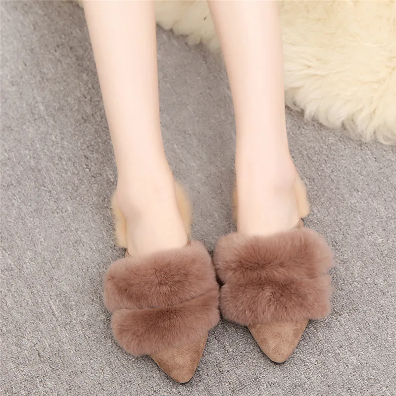Меховые тапочки на плоской подошве 2019 женские шлепанцы пушистые зимняя теплая