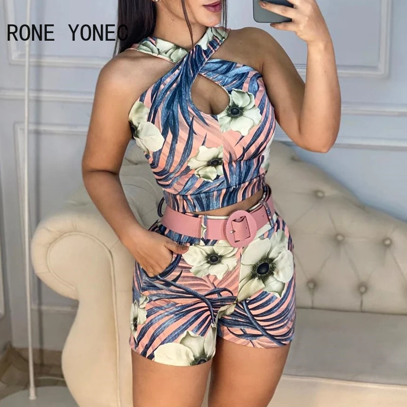 Женский комплект из двух предметов узкий комбинезон без рукавов с цветочным