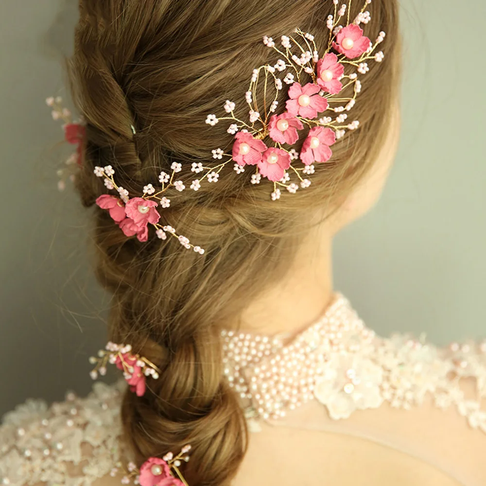 

YOUYOU BRIDE 3pcs Bridal Hair Pin Purely Handmade Pink Flower Gold Leaf Pearl Beads Women Wedding Hair Jewelry