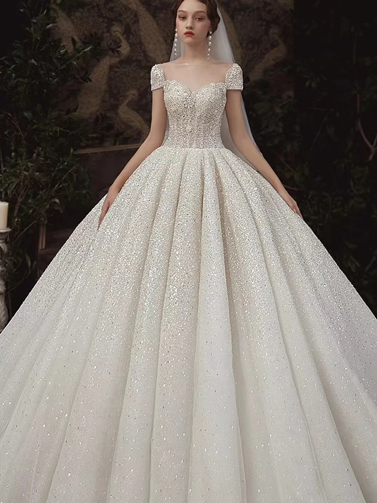 

Glitter Wedding Dress Crystals Ball Gown Floor Length Bling Bridal Gown Turkey Custom Robe De Mariee Ball Gown Bridal Dresses