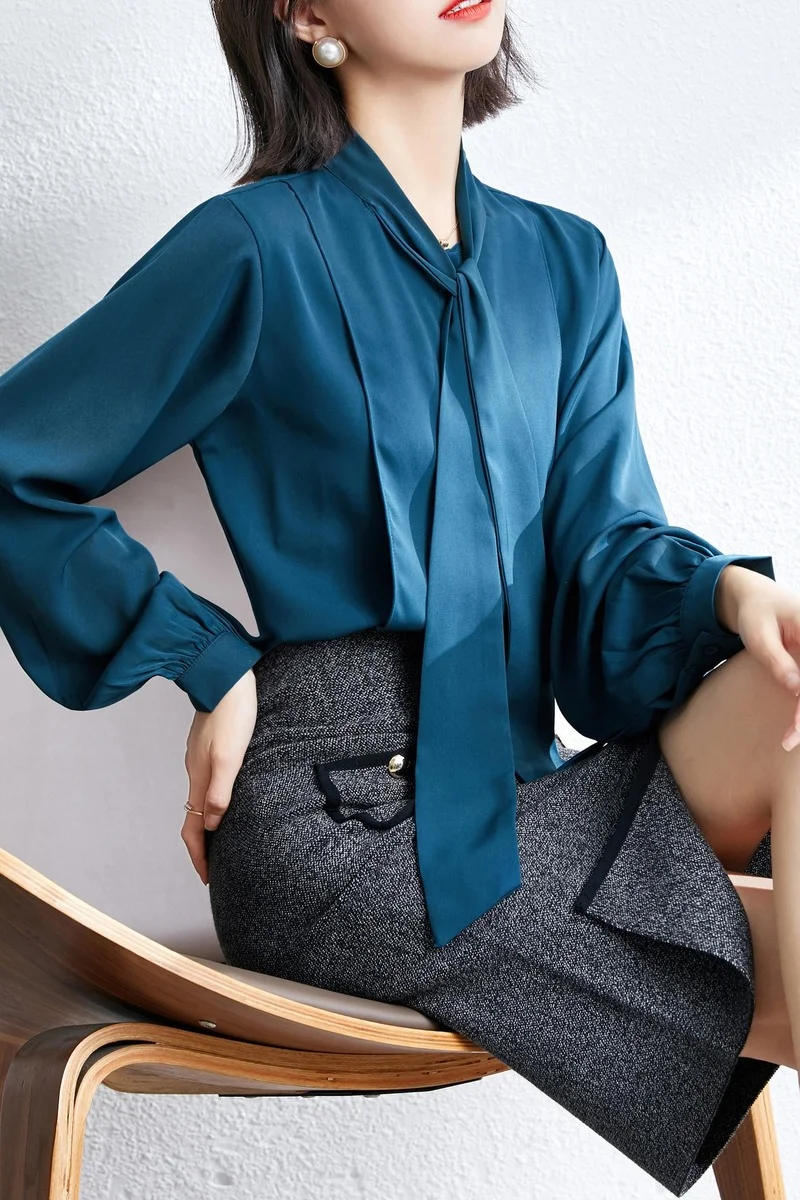 

Houthion New Long Sleeve Women Blouse Splicing Chiffon Top Bow Stand-up Collar Slim Fashion Blouses Comfortable Casual Shirt