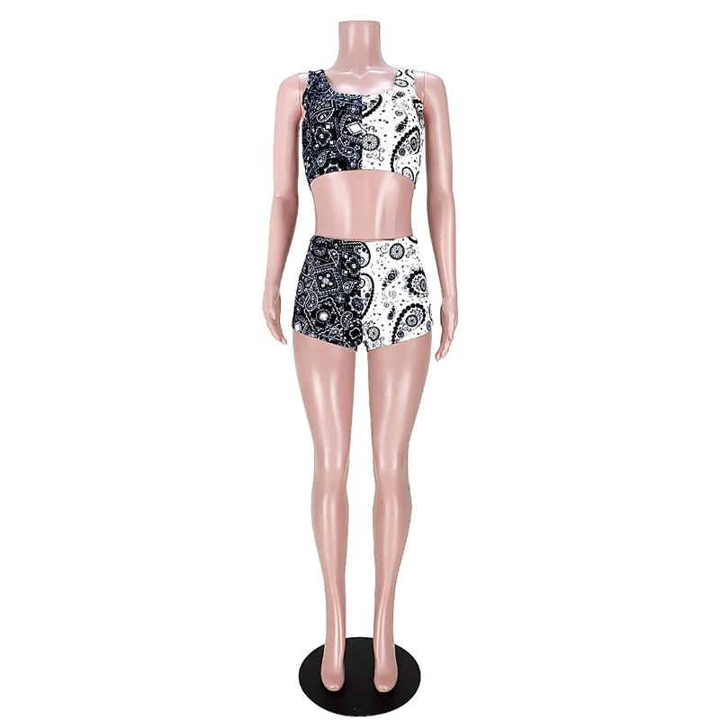 

Kricesseen Sexy Print Patchwork Shorts Set Hot Women Sleeveless Tank Top And High Waist Shorts Suits Sportwear 2 Piece Outfits