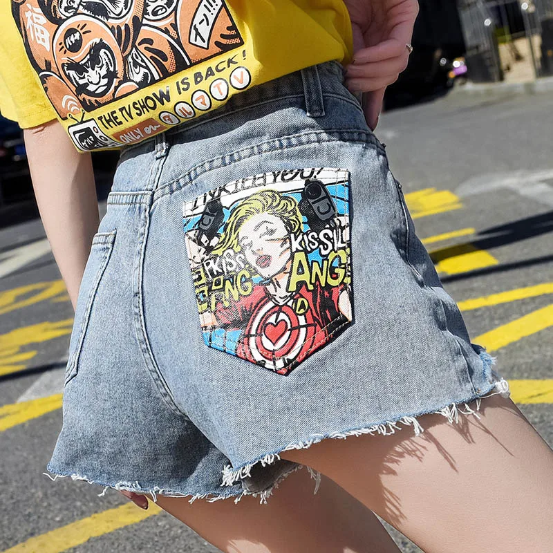 

Summer Thin High-Waist Denim Women's Shorts Female Port Style Portrait Painted Personality Pocket Printing Asymmetric Hot Pants