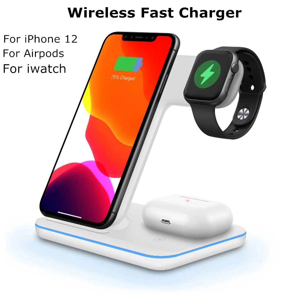 

Fast Charger for iPhone 12 15W Qi Wireless Charger Stand For Apple iPhone 12 charger for Airpods for iwatch 4 in 1 charging base