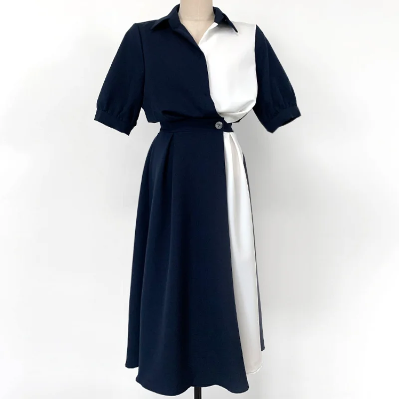 

Korean Chic Elegant Turn Down Collar Woman Dress Simple Slim Waist A Line Office Ladies Robe Femme Casual Loose Vestido De Mujer