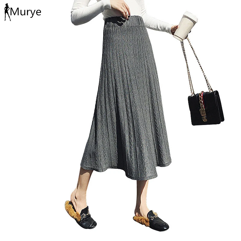 

Winter Knitted Skirt Women Vintage Pleated Long Skirt Warm Loose Elastic Saist Fashion 2019 Tulle Tweed Casual Harajuku Skirt