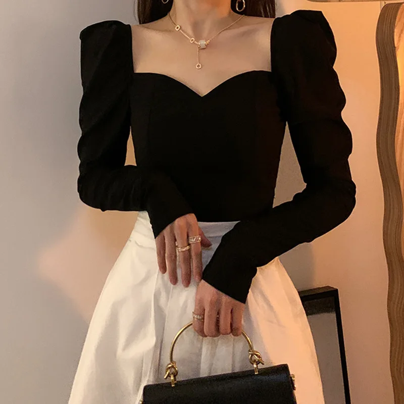 

French Autumn Bottoming Solid Color Vintage Women Long Sleeve T-Shirts Puff Sleeve Square Sexy Small V-neck Black Slim Blouse