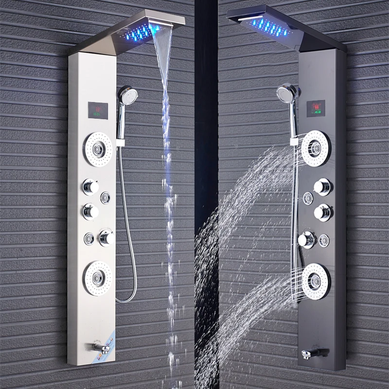 

Newly Luxury Black/Brushed Bathroom Shower Faucet LED Shower Panel Column Bathtub Mixer Tap With Hand Shower Temperature Screen