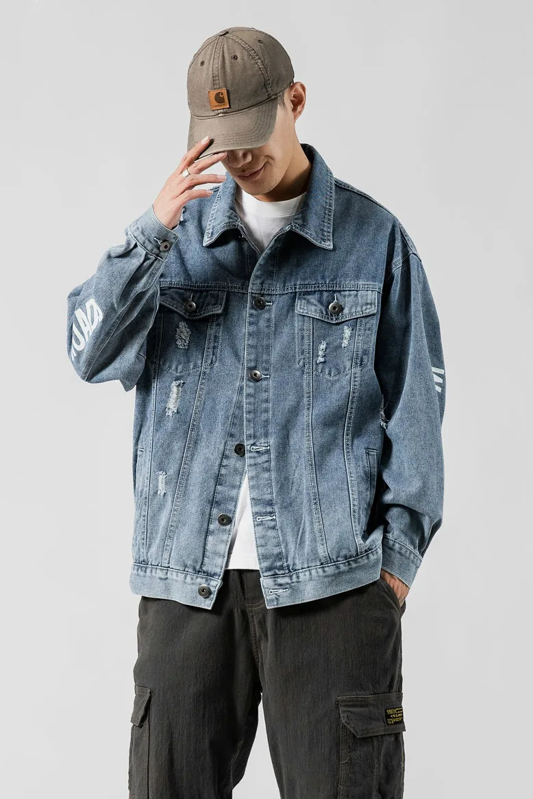 

denim jacket Men 2020 spring autumn Outdoor new fashion long sleeve letter printing hole high street trend hip hop Coat cool