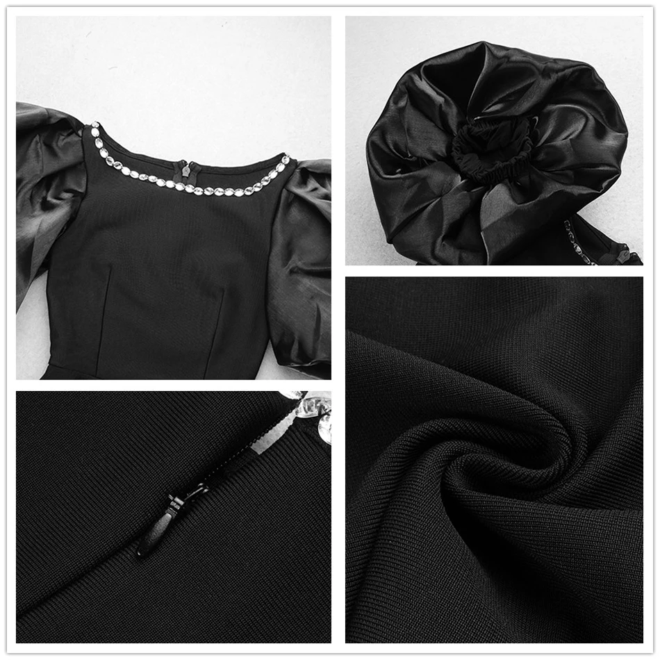 

High Quality Women's 2021 Summer Sexy O-neck Puff Sleeve Crystal Dress Black Bodycon Celebrity Club Evening Party Dress Vestidos