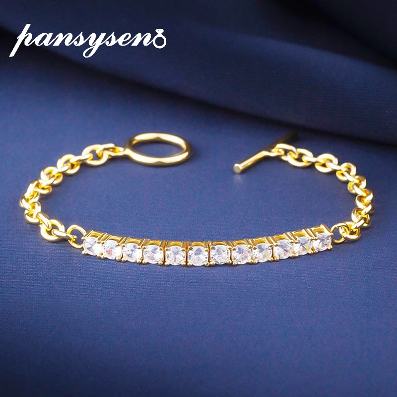 

PANSYSEN Luxury 100% 925 Sterling Silver 4MM Simulated Moissanite Diamond Charm Chain Bracelets for Women Fine Jewelry Wholesale