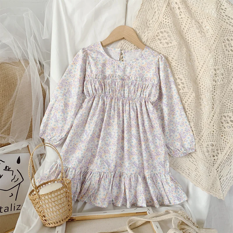 

Sweet Kids Girls Lavender Floral Print Spring Autumn Dress Ruffles Western Fashion Cute Kids Dress