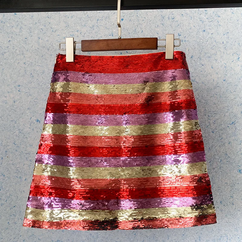 

Brand Design Sequin Slim Luxury High Waist A-Line Skirt Beading High Quality Short Skirt Women Summer Party Clothes New 2021