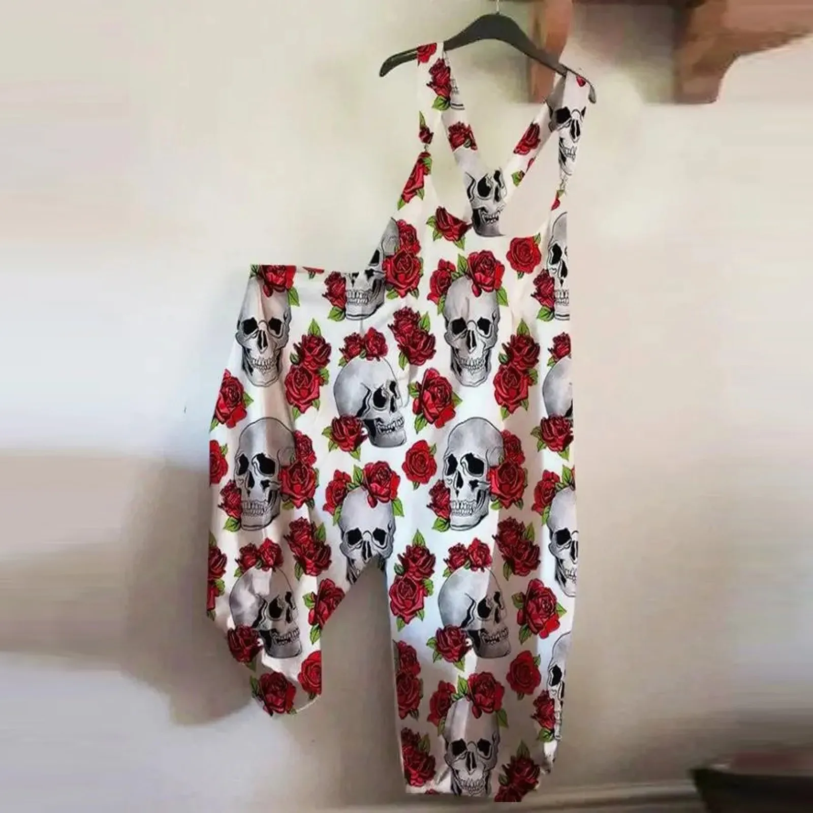

2021 Fashion Jumpsuit Women Skull Rose Print Rompers Overall 2021 Summer Long Playsuit Button Loose Cross Jumpsuit #4