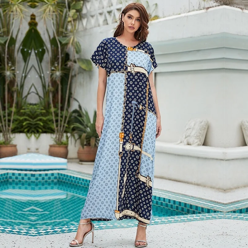 Muslim Women's Eid Dubai Turkey Female Robe Islamic Clothing Arab Long Dress Fashion Elegant Summer Gown Short Sleeve Wholesale