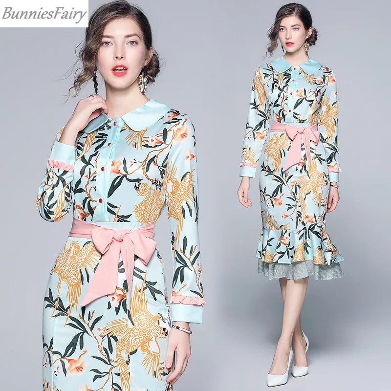 BunniesFairy, осенне-зимнее женское винтажное платье в стиле знаменитостей с птицами и цветочным принтом, с длинным рукавом, мятными оборками, миди, платье русалки