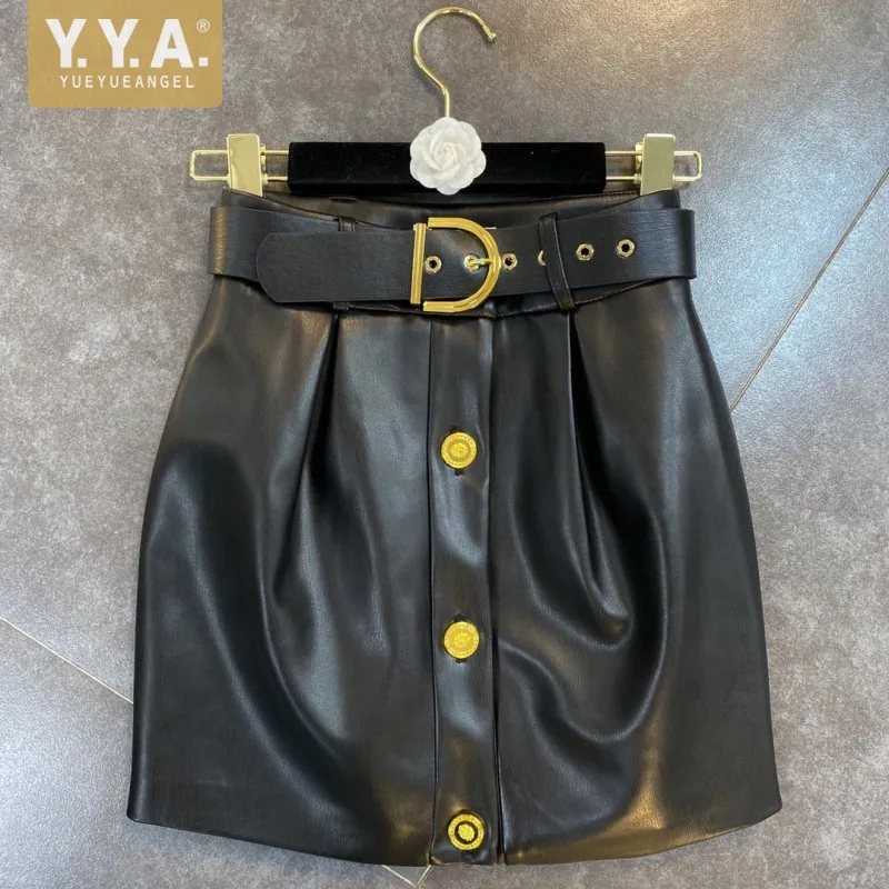 

2022 Spring Summer Women New Fashion Wide Belt Waist Closing Gold Button Decoration Straight Casual Pu Mini Skirt Sexy Skirts
