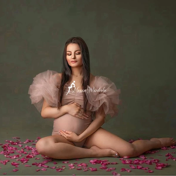 

High End Stretchy Spandex Bodysuit Maternity Dress Detached Puffy Ruffles Tulle Sleeves Short Party Dresses Women Photography
